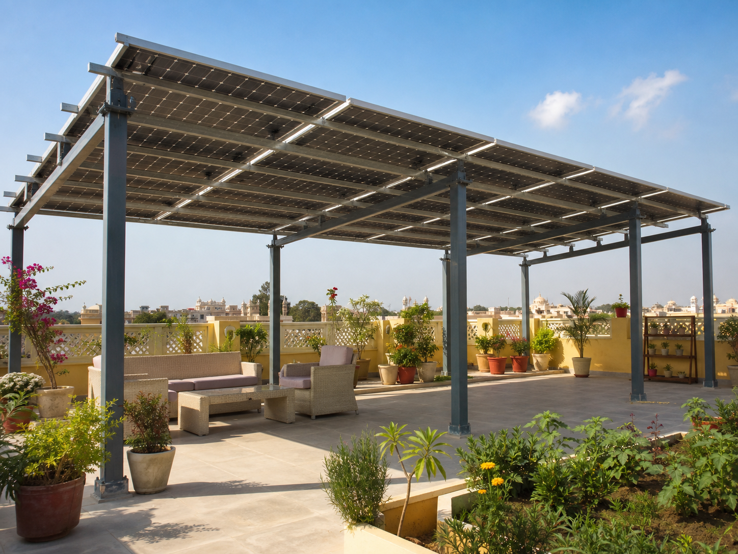 Elevated solar pergola covering terrace with shaded space for seating and gardening below