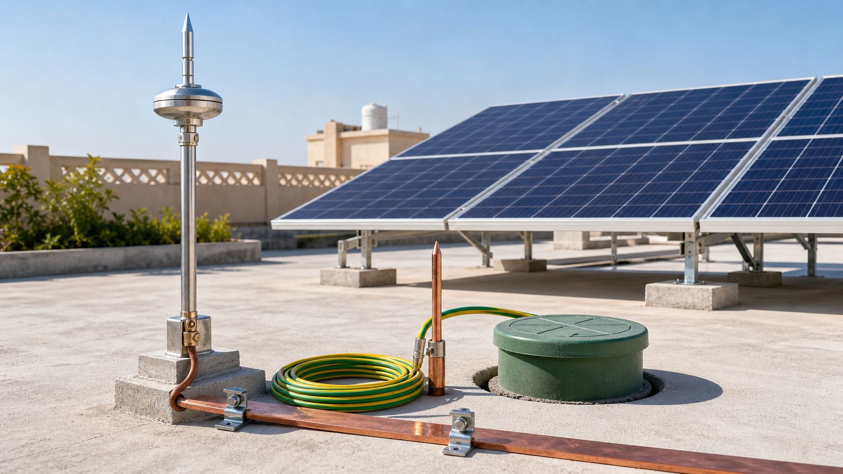 Solar earthing and lightning protection equipment for rooftop solar safety