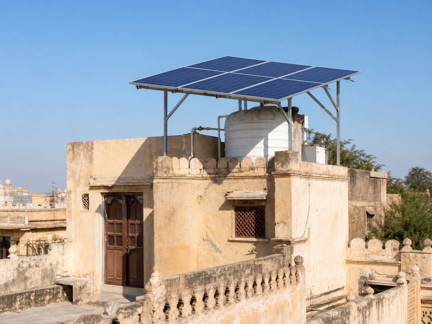 Solar panels mounted above overhead water tank area on old Rajasthan haveli rooftop